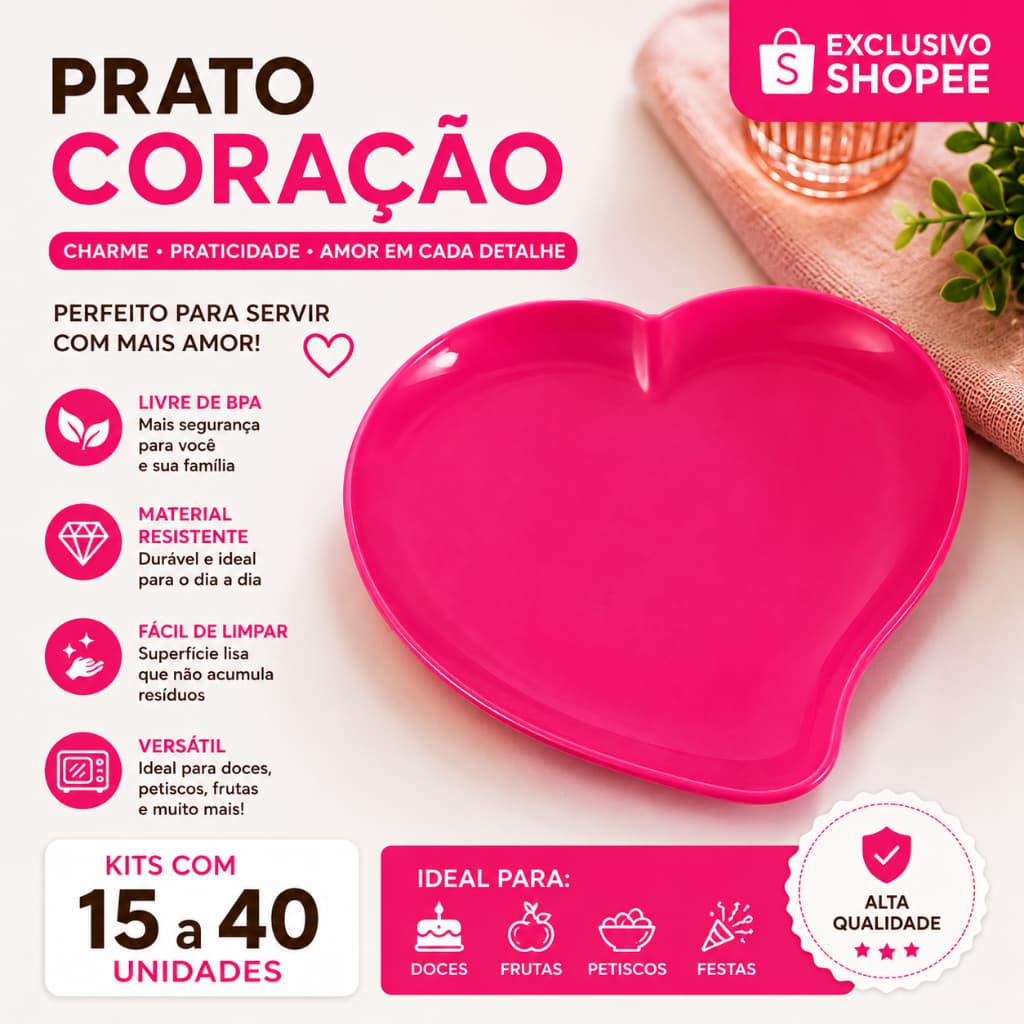 Kit 15 a 40 Bandejas Prato Coração de PlásticoDecorativo Festa Petisqueira com Opção de Divisórias Atacado