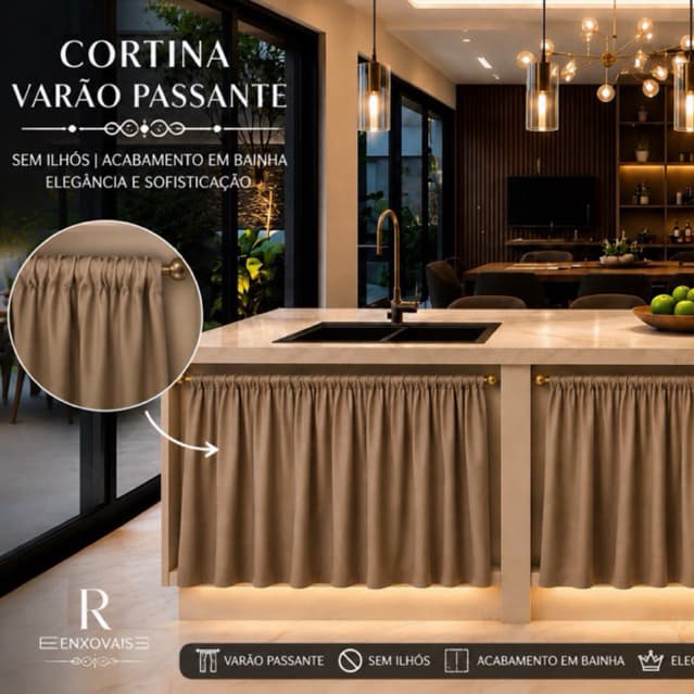 Cortina de Pia 1,40 x 0,80 Tecido Oxford Liso Decoração de Cozinha Balcão