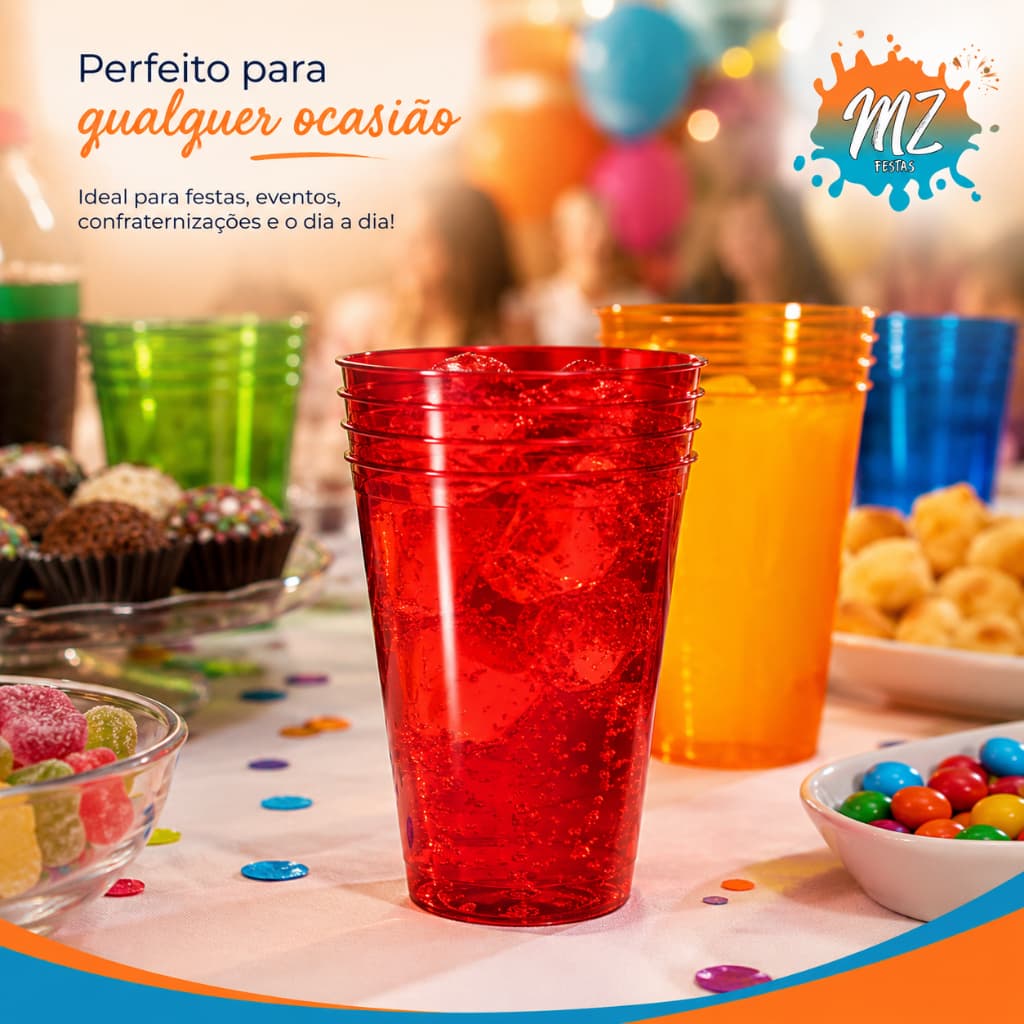 Kit Copo Acrílico de Festa Reutilizável 300ml Aniversario Copos Resistentes Lavável