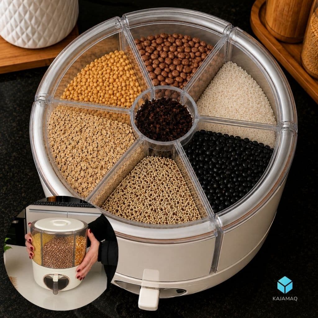 Dispenser De Grãos Giratório 6 Divisórias – Organizador Alimentos 360º Graus  Funcional  Praticidade