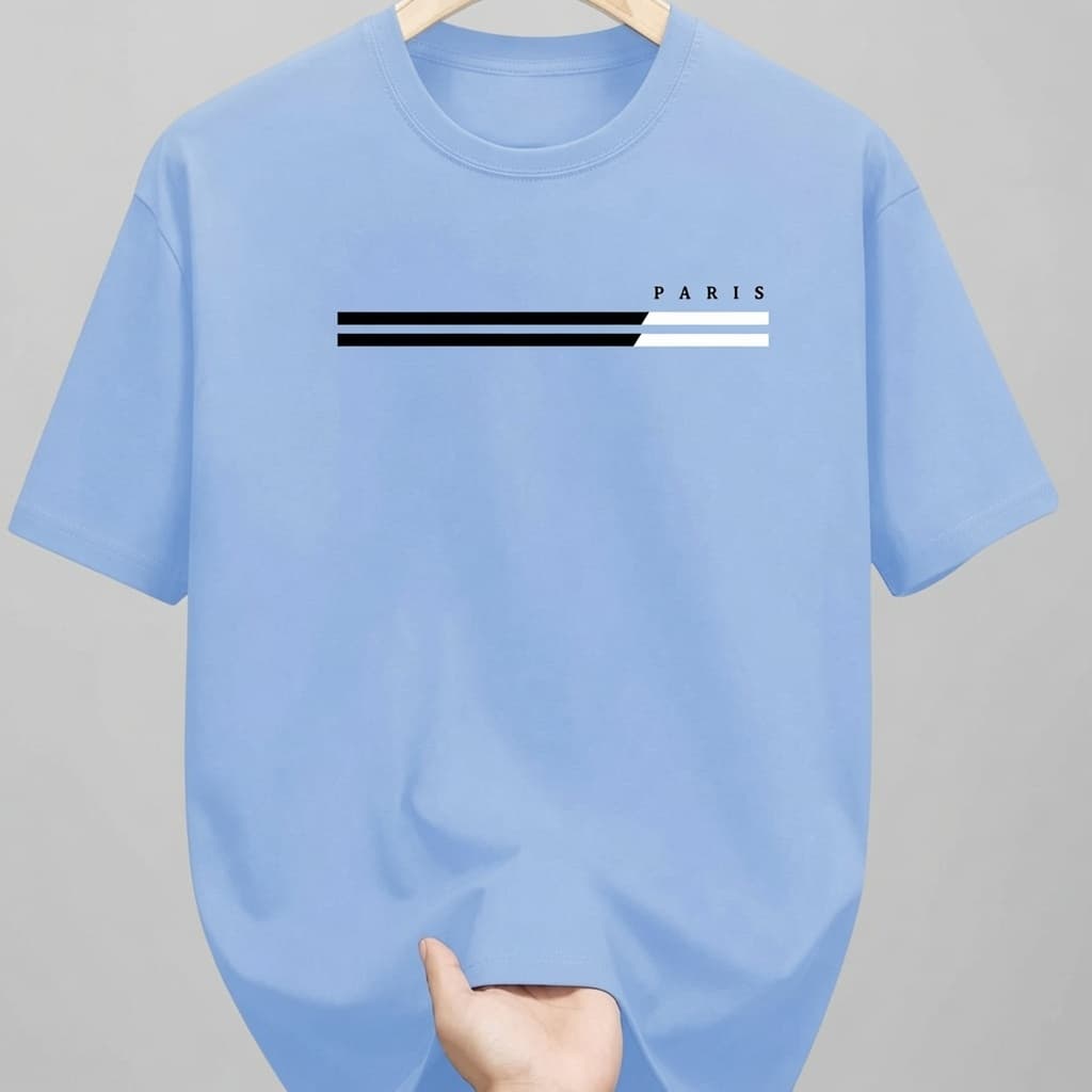 Camiseta Masculina Paris 2 Faixas 100% Algodão Manga Curta Verão Dia a Dia Unissex T-Shirt