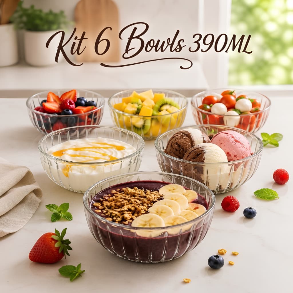 Conjunto 6 Bowls 390ml Kit Tigela Vidro Transparente Jogo Canelado Sobremesa Sorvete Frutas Porção Individual