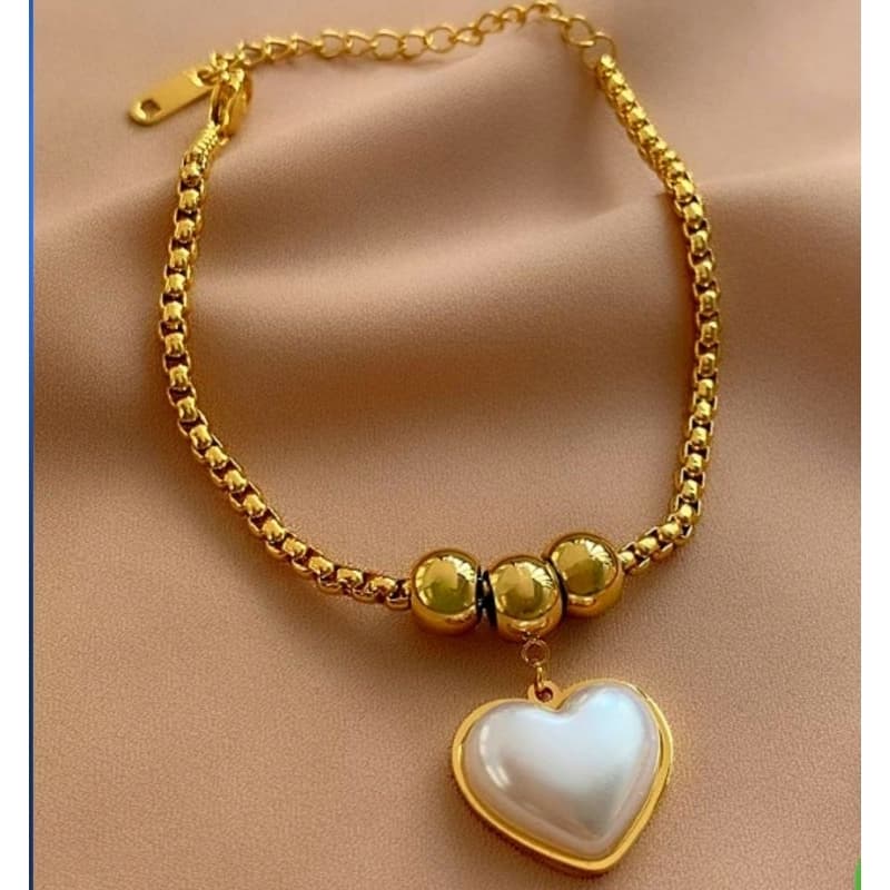 Pulseira com Bolas e Pingente Coração com Pérola Aço Inoxidável.