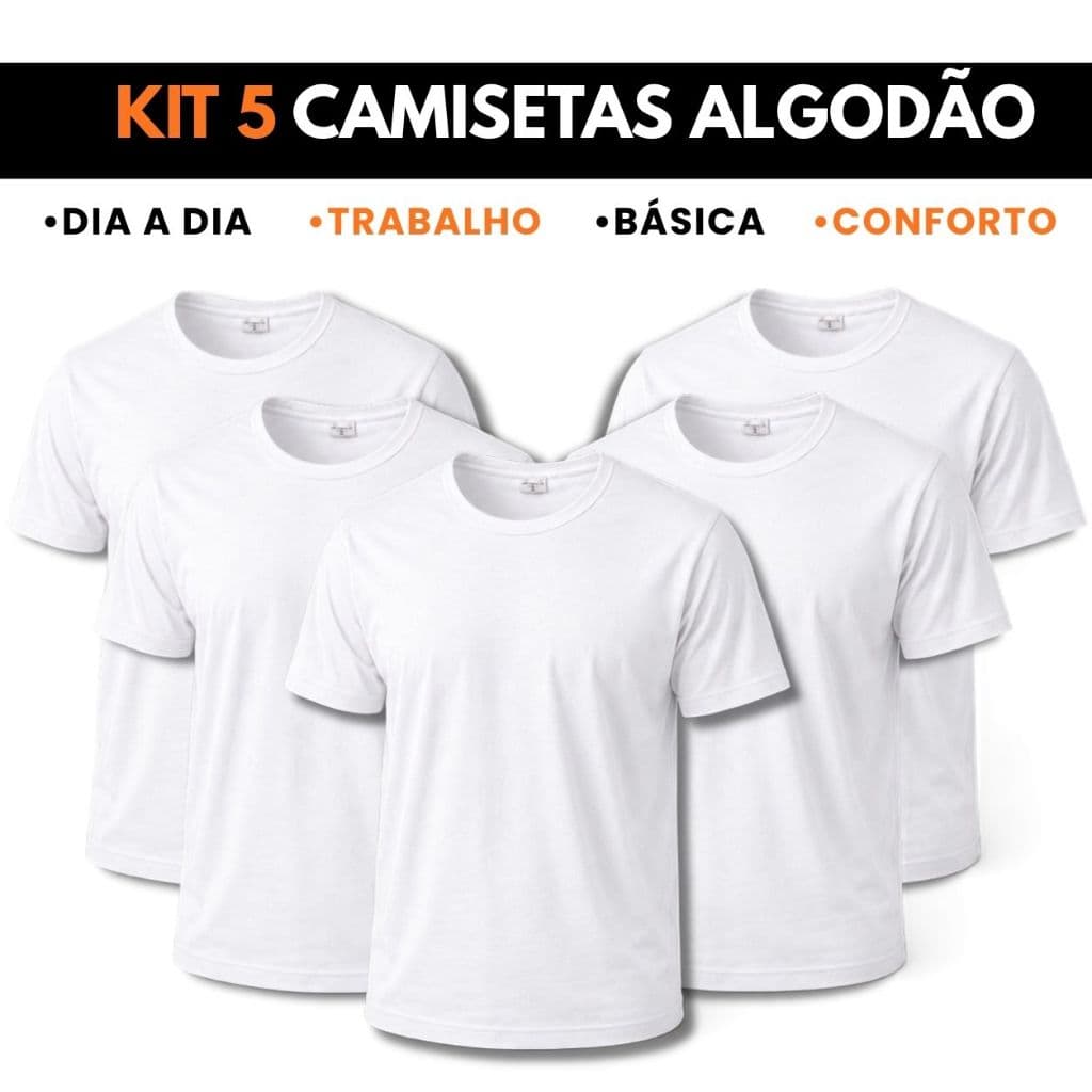 Kit 5 Camiseta Masculina Algodão Lisa Dia a Dia Trabalho Casual