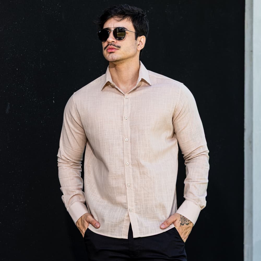 Camisa Social Masculina Manga Longa Linho Slim Fit Luxo Premium Moda Casual