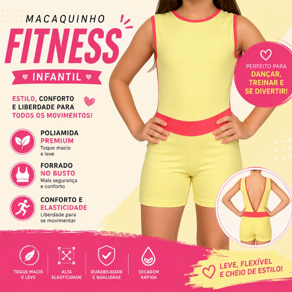 Macaquinho Fitness Infantil Feminino OFERTA | Poliamida I Esportivo UV50+ |  Vôlei, Dança, Ginástica| Forrado no busto.