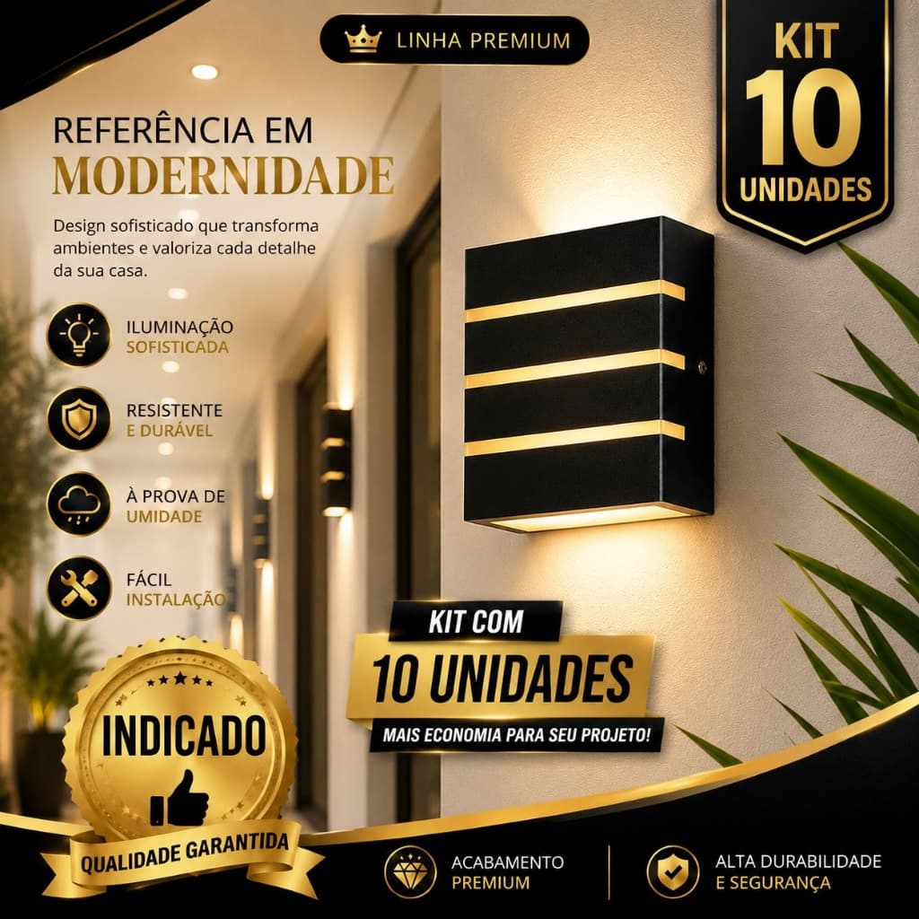 Luminária Arandela 3 Frisos Kit 10 Und Parede Externa/Interna Moderna Fachada Bivolt Muro Slim Led