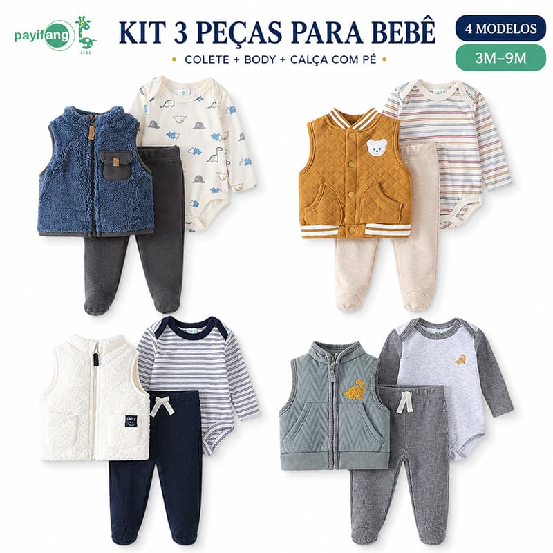 Payifang Conjunto Body e Calça Bebê Menino 3 Peças com Colete Roupa de Frio 60% Algodão Manga Longa 3M-9M