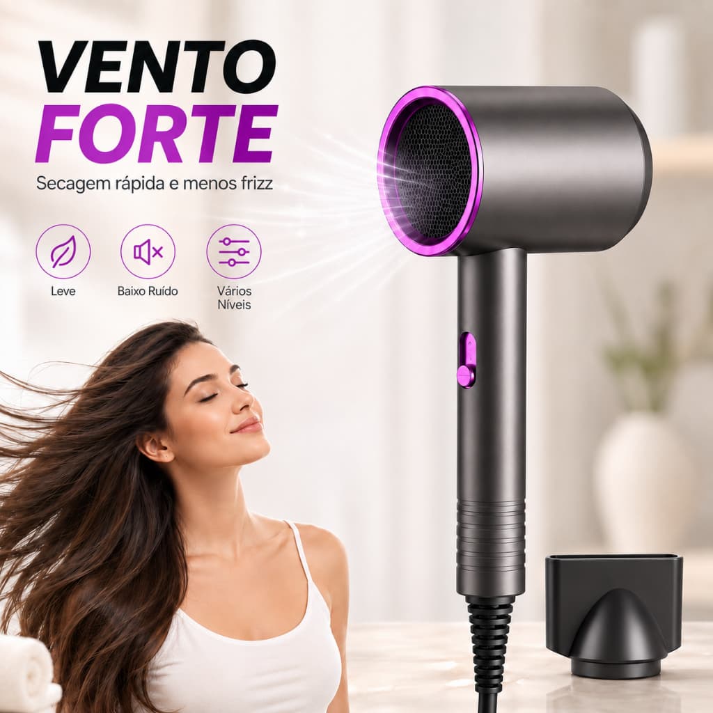 Secador de Cabelo Íons Negativos Secador Alta Velocidade com 5 Acessórios De 2 Minutos Secagem Rápida