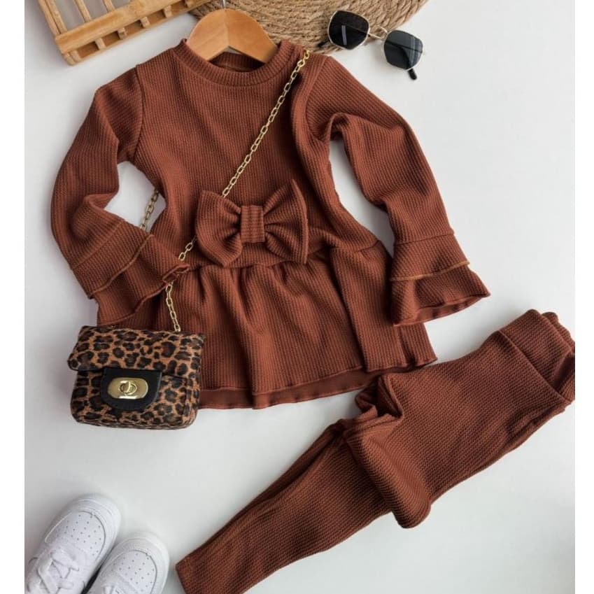 Conjunto Canelado Infantil Menina Blusa Manga Longa com Laço e Caça Para Frio Inerno