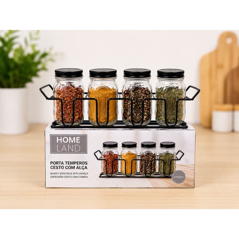 Porta Temperos 4 Potes de Vidro com Suporte Aramado Preto Organizador de Cozinha Home Land