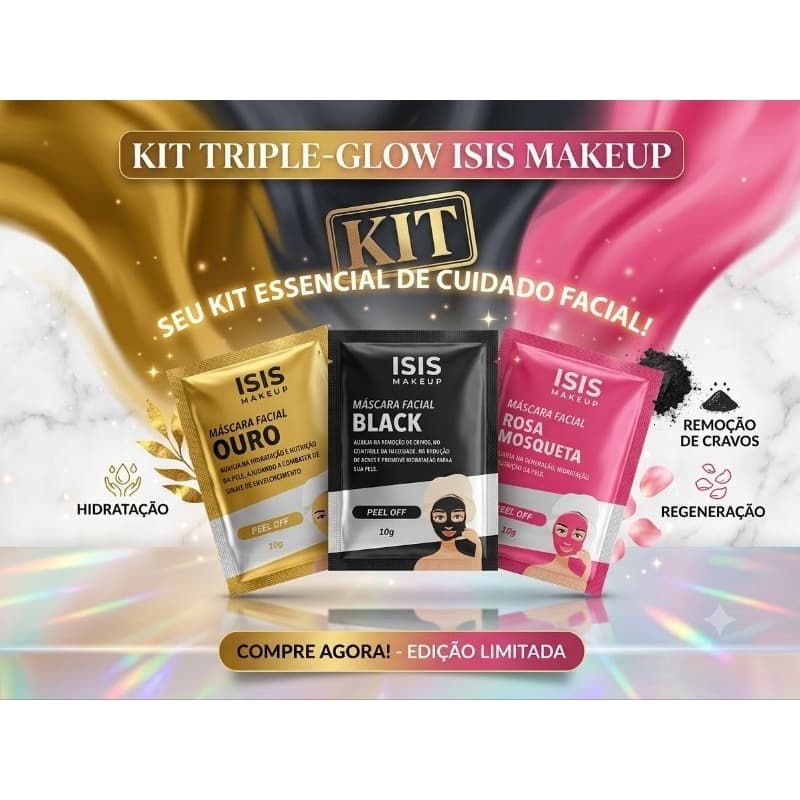 ​💖 Kit Skincare  3 Máscaras Faciais Sachê Peel Off Isis Makeup (10g cada) – máscara Ouro, Black e Rosa mosqueta