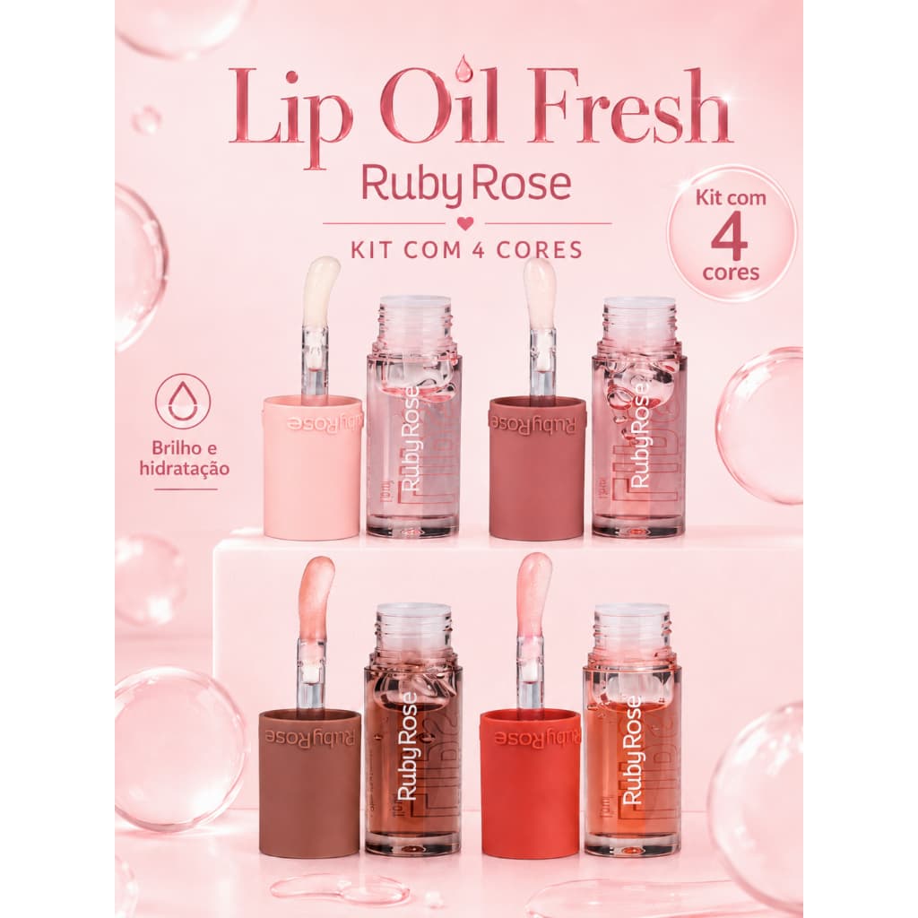 Kit com 4 Lip Oil Fresh Lips Ruby Rose Hidratante Labial com Brilho Natural