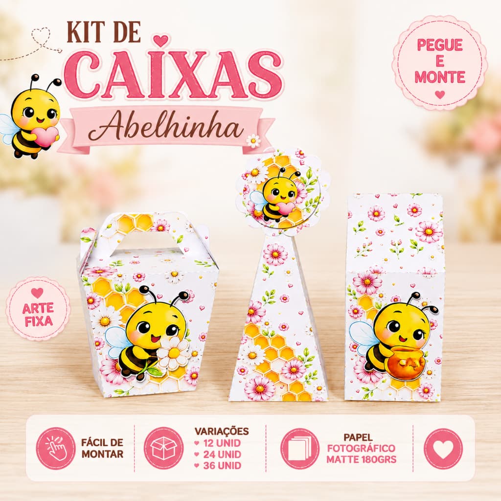 Kit Caixas Abelhinha 3 modelos - Milk, Sushi com Alça e Pirâmide - Pegue e Monte