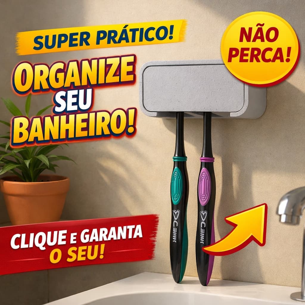 Porta Escovas de Dente de Parede – Organizador de Banheiro, Fixação Adesiva e Material Resistente