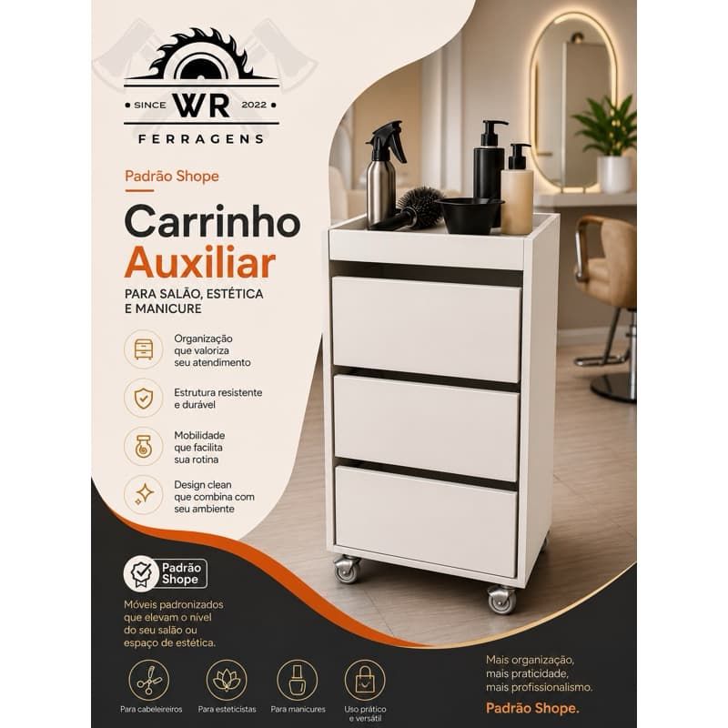 Carrinho auxiliar 3 Gavetas 100% MDF Branco