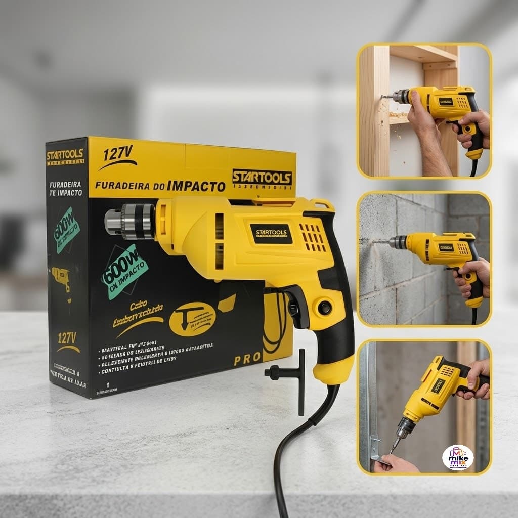Furadeira de Impacto 127V Amarela Elétrica Profissional Mandril 1/2 Para Concreto Madeira Aço Potente 600W