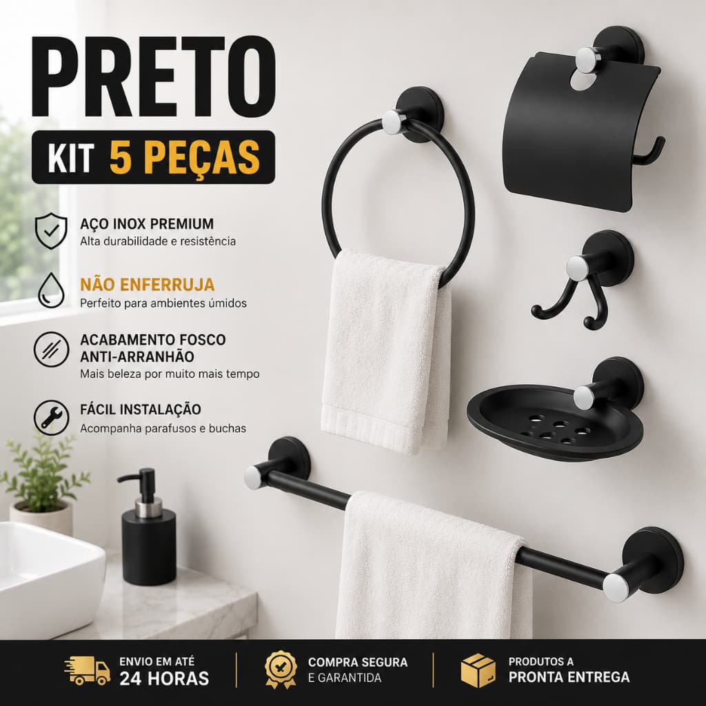 Kit Acessórios Para Banheiro Completo Aço Inox Preto Fosco 5 Peças Luxo