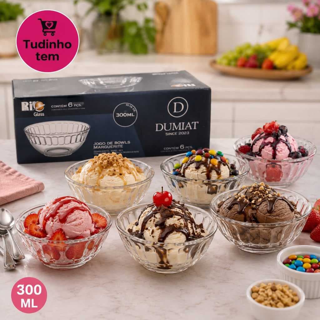 Jogo de Sobremesa, Bowls, Tigela de Vidro 6 Peças 240ml ou 300ml, Sorvete, Salada de Frutas, Molhos e Petiscos