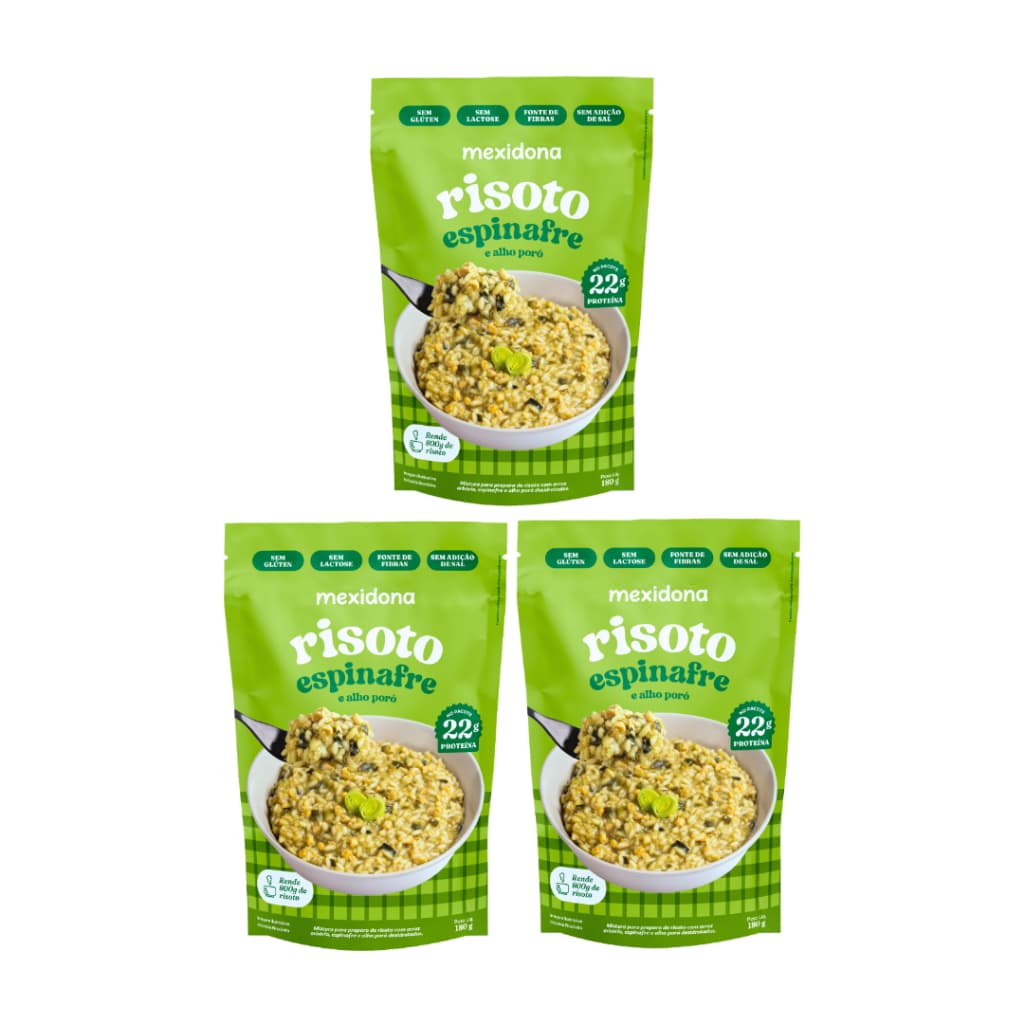 Mexidona Kit 3 Risotos Espinafre e Alho Poró 180gr. Gourmet, Natural, Refeição Prática Fácil Preparo