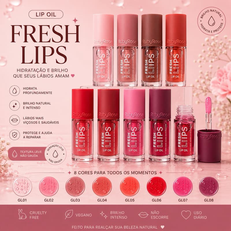 Lip Oil Fresh Lips Ruby Rose Original Gloss Hidratante Labial Efeito Glow