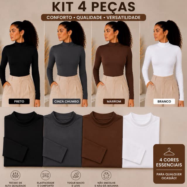 Kit 4 Blusas Femininas Básicas Manga Longa Premium Moda Inverno P M G GG