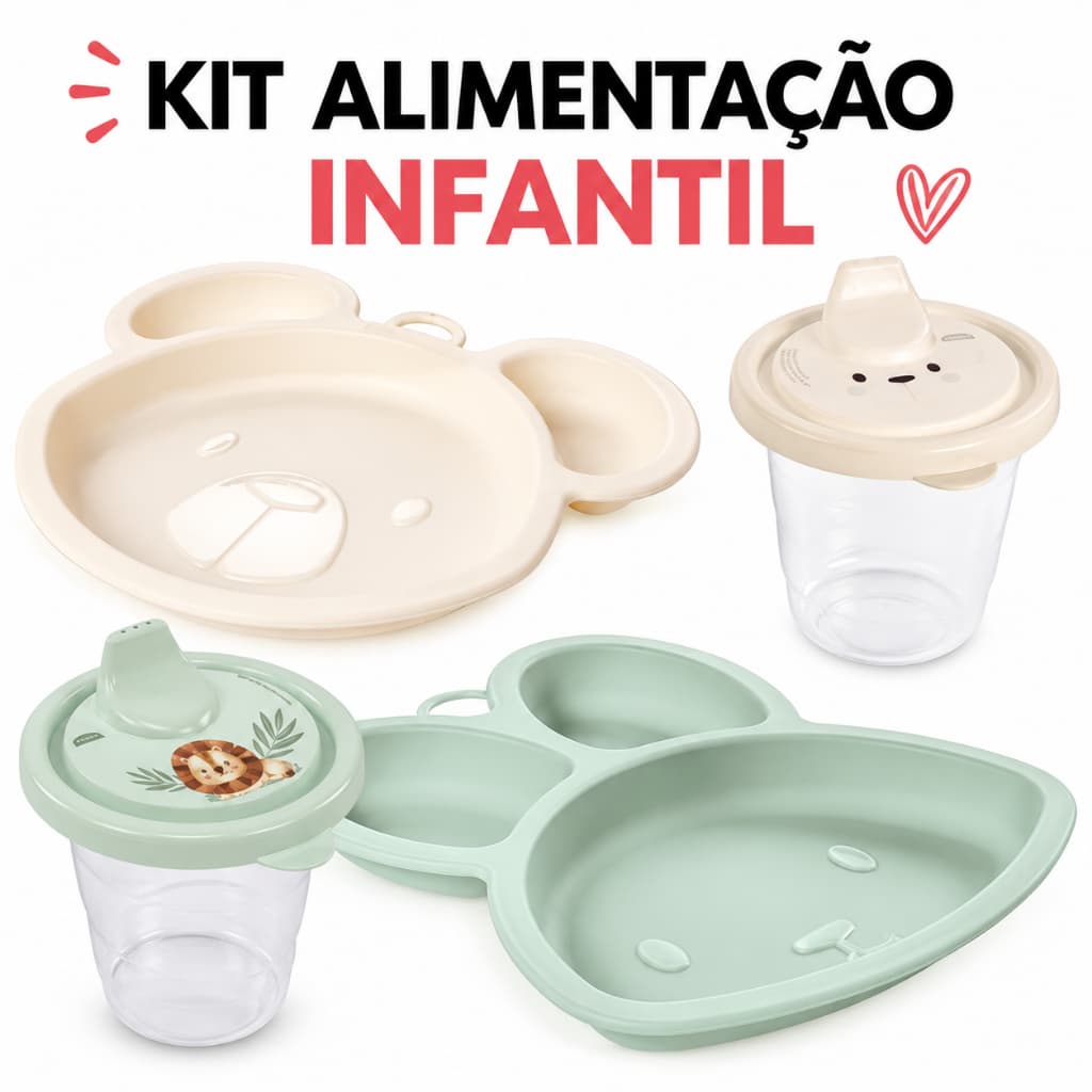 Kit Alimentação Bebê Infantil 2 Peças – Prato Urso + Copo Infantil BPA Free Refeição