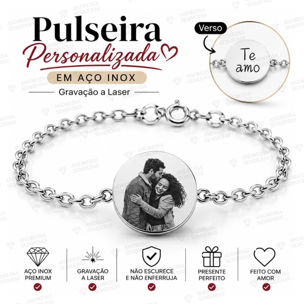 Pulseira Redonda Medalha Foto Personalizada Fotogravação, Nome, Data, Frase à Laser Aço Inox