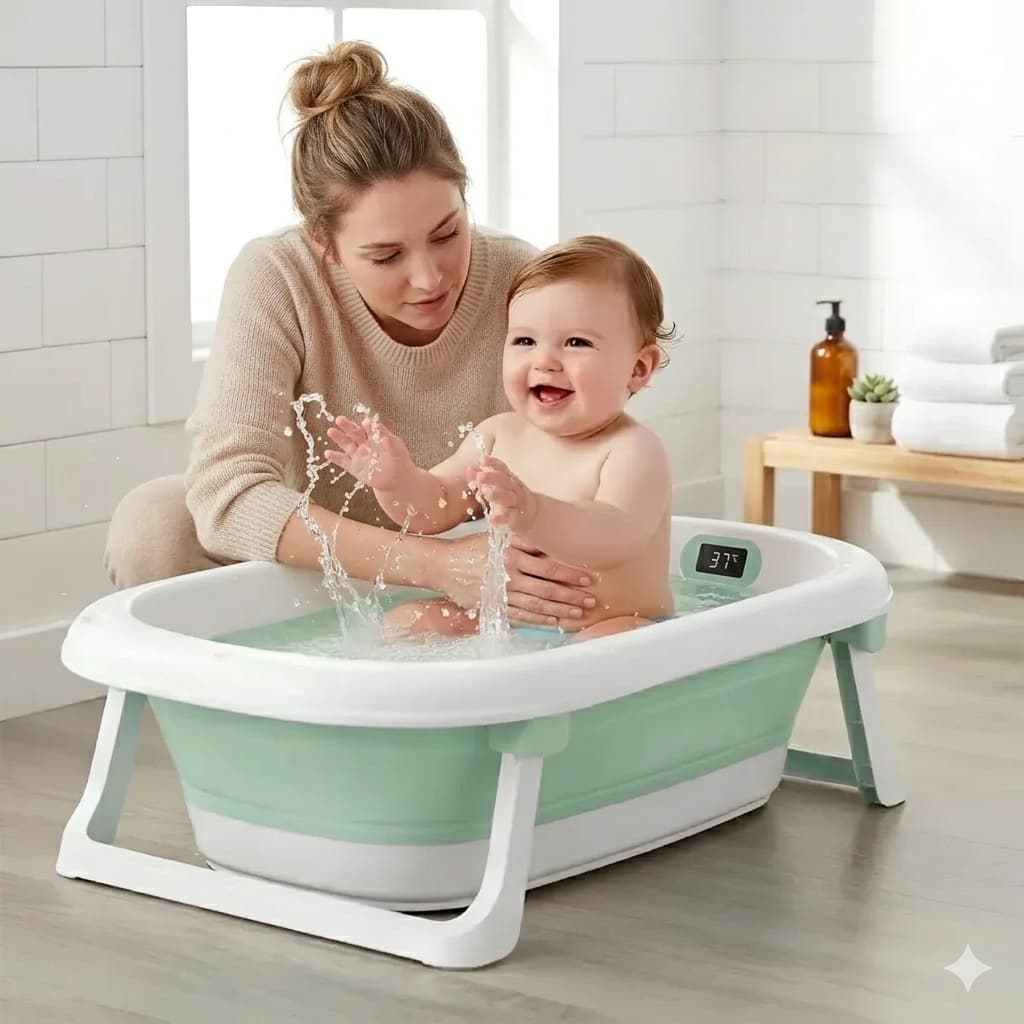 Banheira Bebê Infantil Dobrável Com Termômetro Digital Integrado 0-36 Meses Antiderrapante E Apoio Anatômico Confortavél