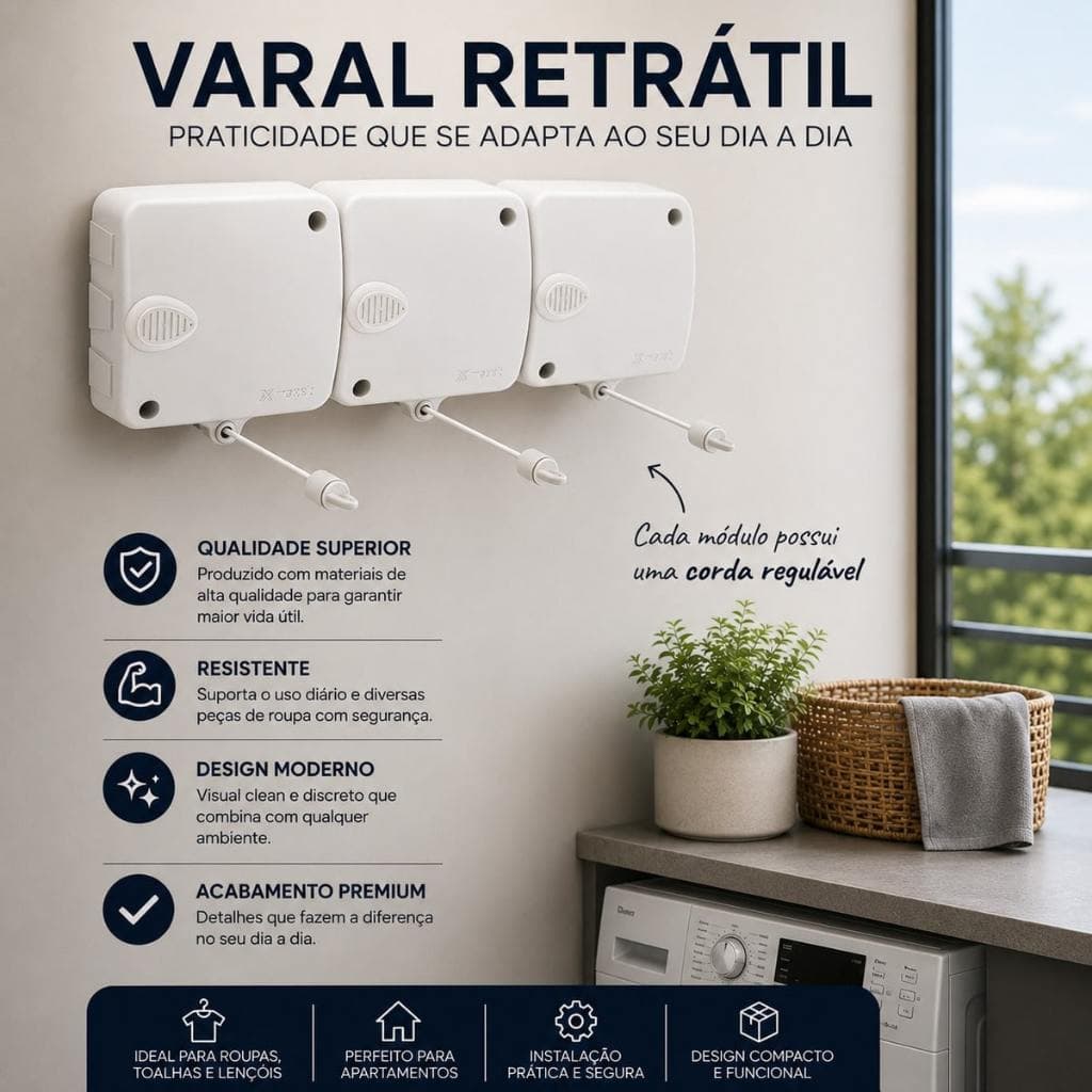 Varal Retrátil Automático Modular Stendmax 6 metros cada corda até 6kg Kit Peças Corda