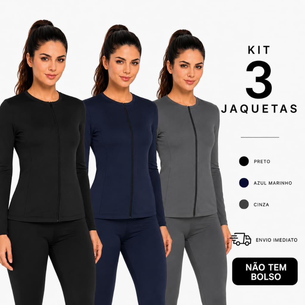 Kit 3 Casaco Feminino Treino Academia Slim Ziper Dryfit Proteção Solar Blusa Térmica