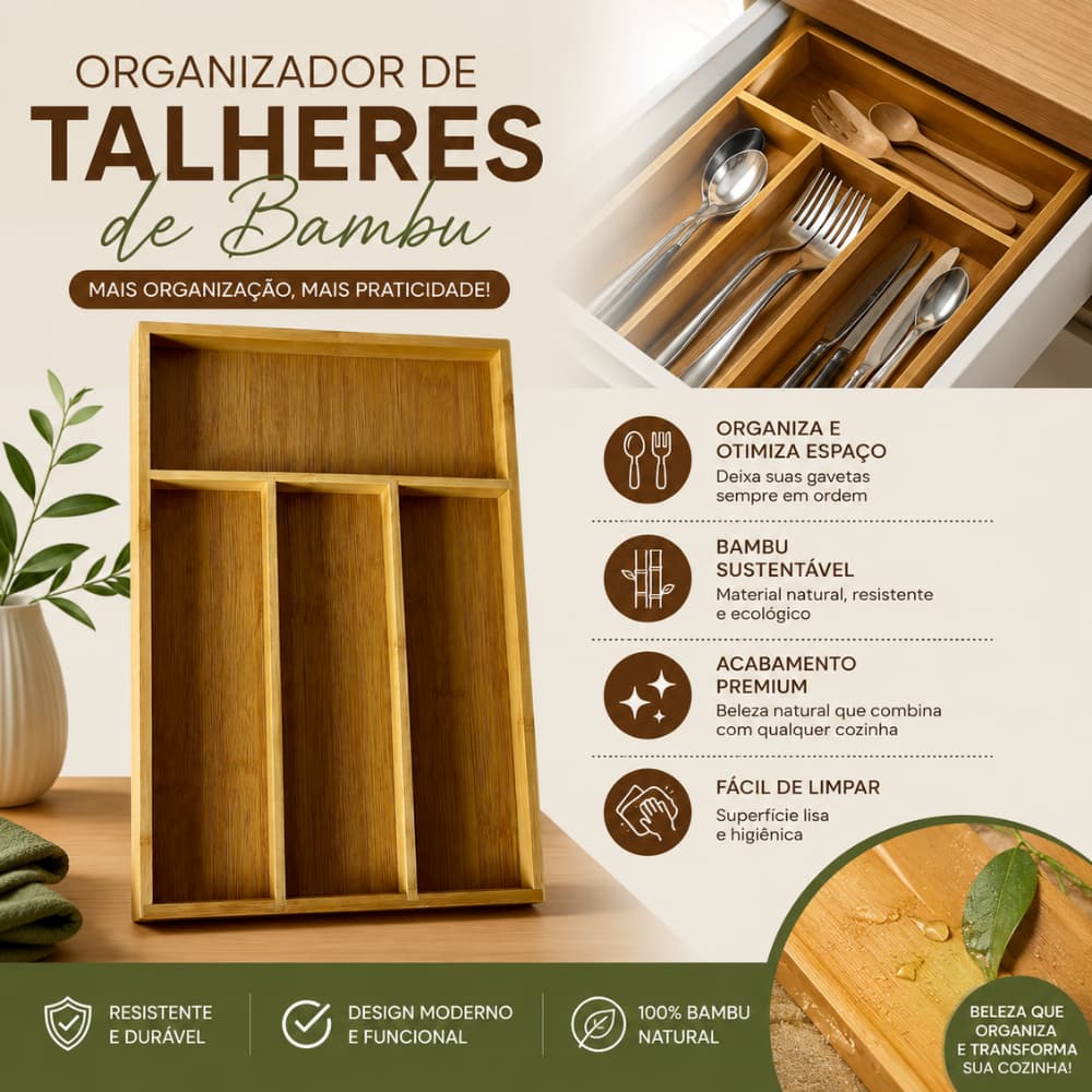 Porta Talheres Gaveta Organizador de Talheres de Bambu Retangular 4 Divisórias
