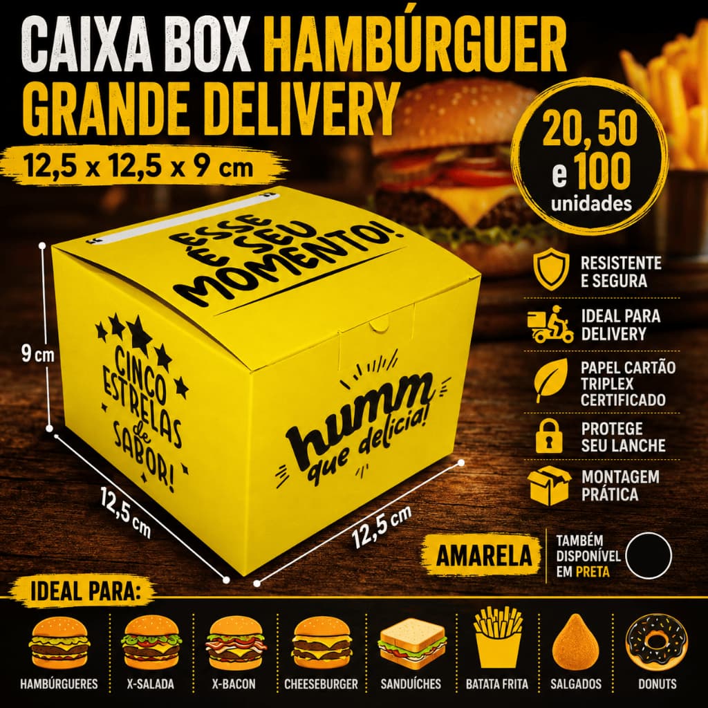 Caixa Box Embalagem Para Hambúrguer Grande Delivery (12,5 x 12,5 x 9cm) 50un - Amarelo