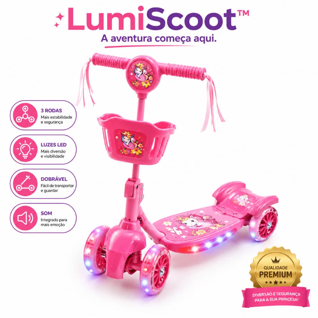 Patinete Infantil 3 Rodas Dobrável com Luz e Som Rosa | Patinete Infantil Seguro para Menina com Cesta