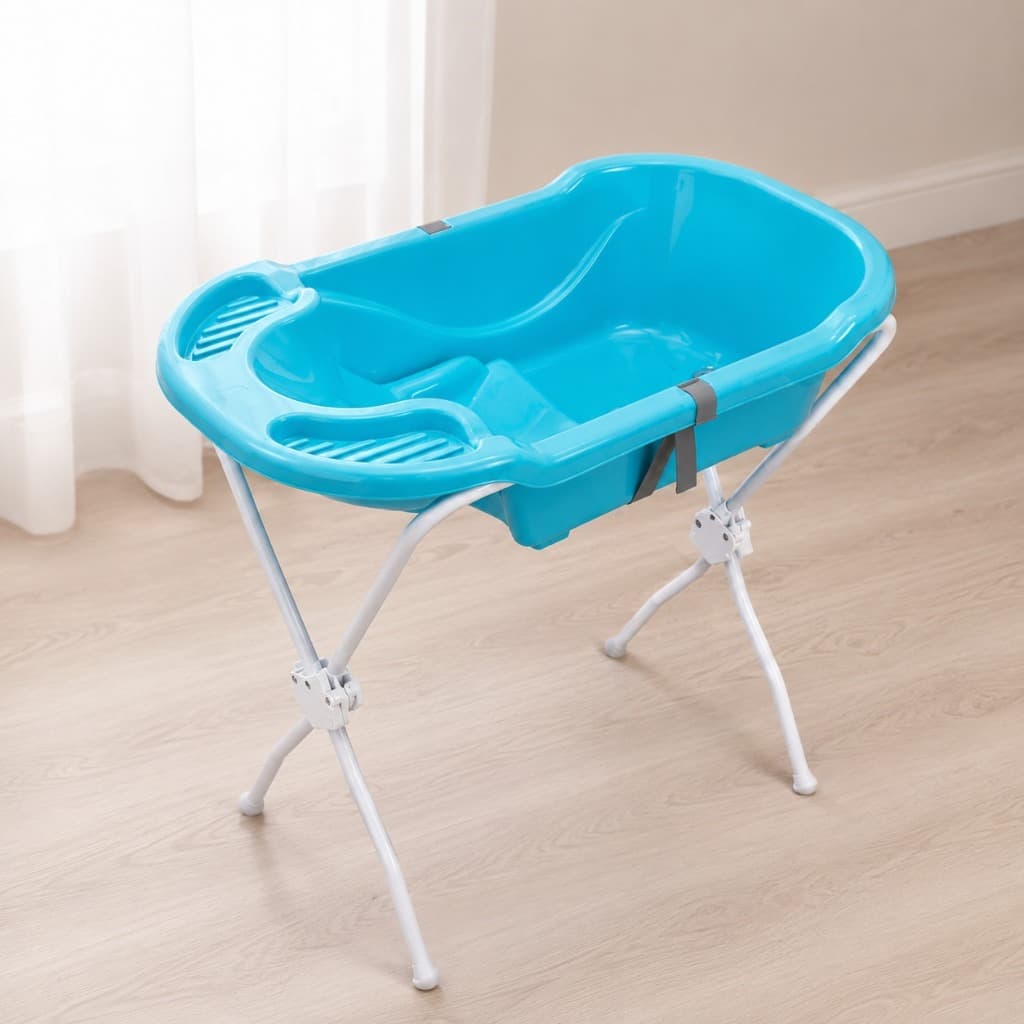 Kit Banheira Bebê Com Suporte Tutti Baby Azul Ergonômica - Suporte Dobrável E Saída De Água Enxoval