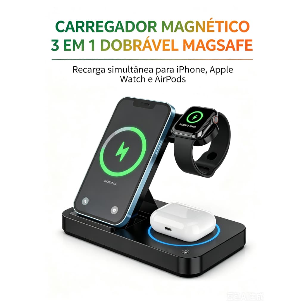 Carregador Sem Fio Magnético Magsafe 3 em 1 Dobrável