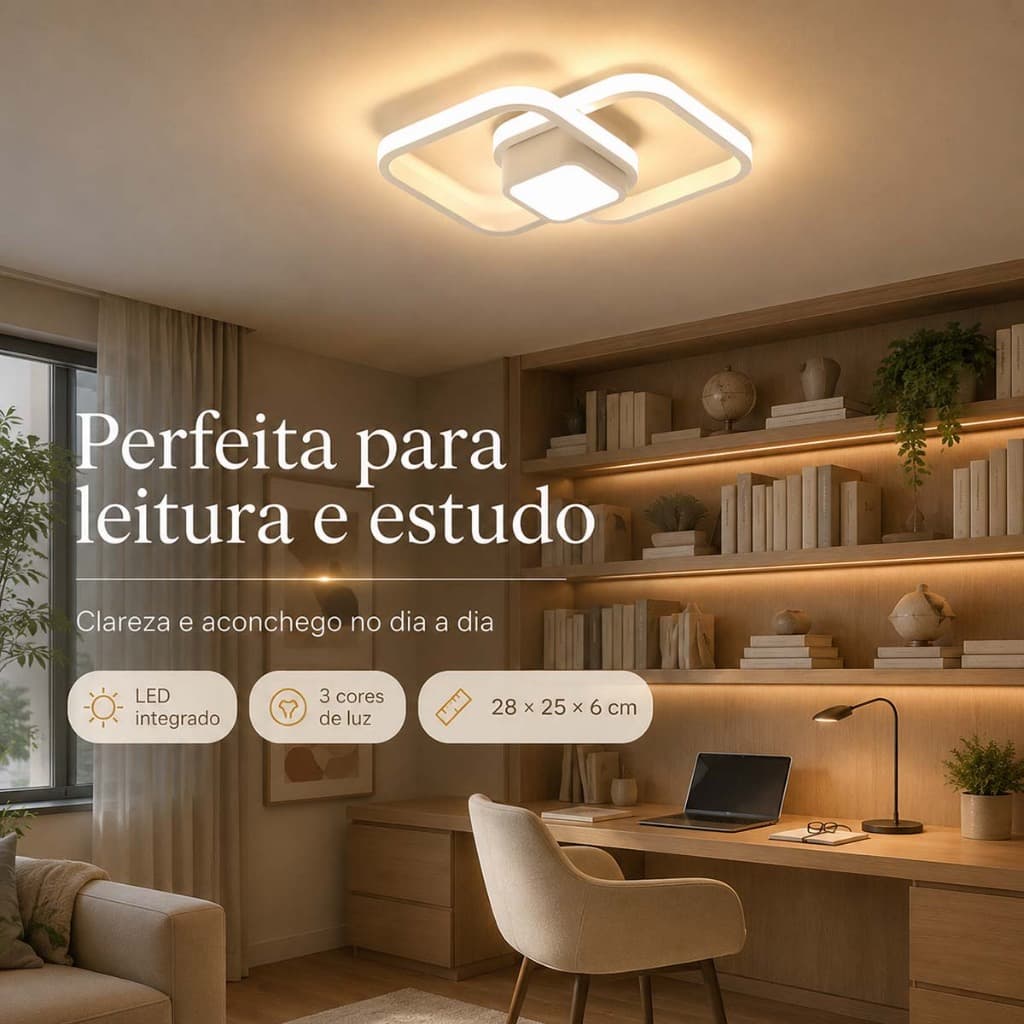 Luminária de Teto Minimalista Arquitetônica, Iluminação Suave Sem Piscadas, 3 Modos de Cor para Quarto e Sala