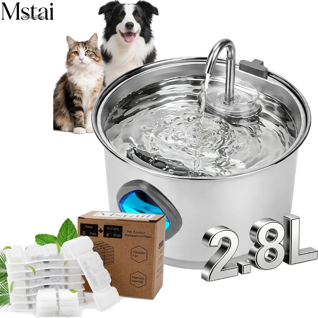 Mstail 2.8L Fonte de água silenciosa para gatos em aço inoxidável com 12 cartuchos de filtro