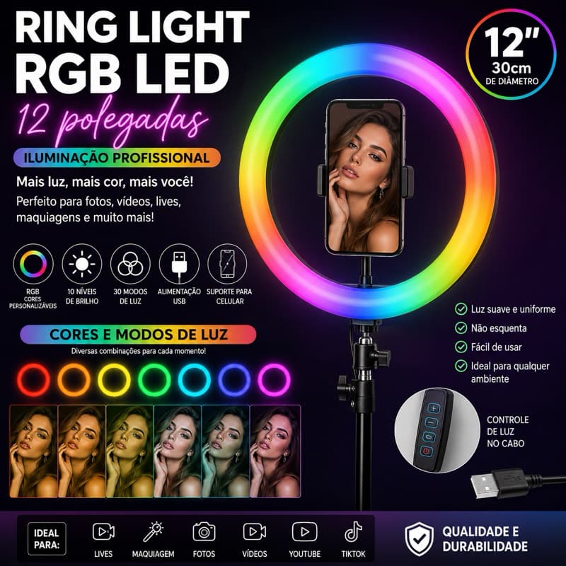Ring Light LED RGB 30 cm - Brilho Ajustável e Modos de Luz com Suporte para Celular