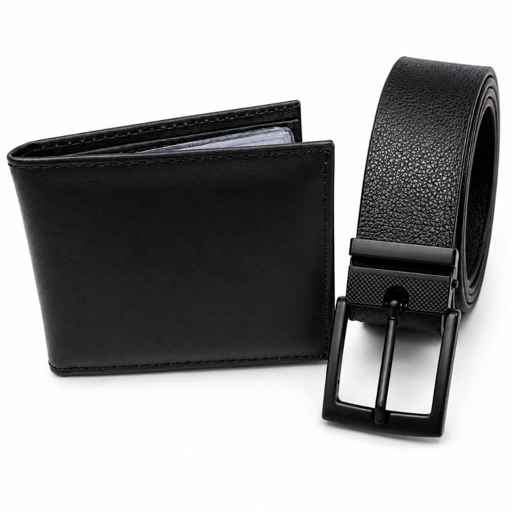 18 kits Carteira Masculina Couro Sintético + 18 Cinto Masculino Fivela Preta