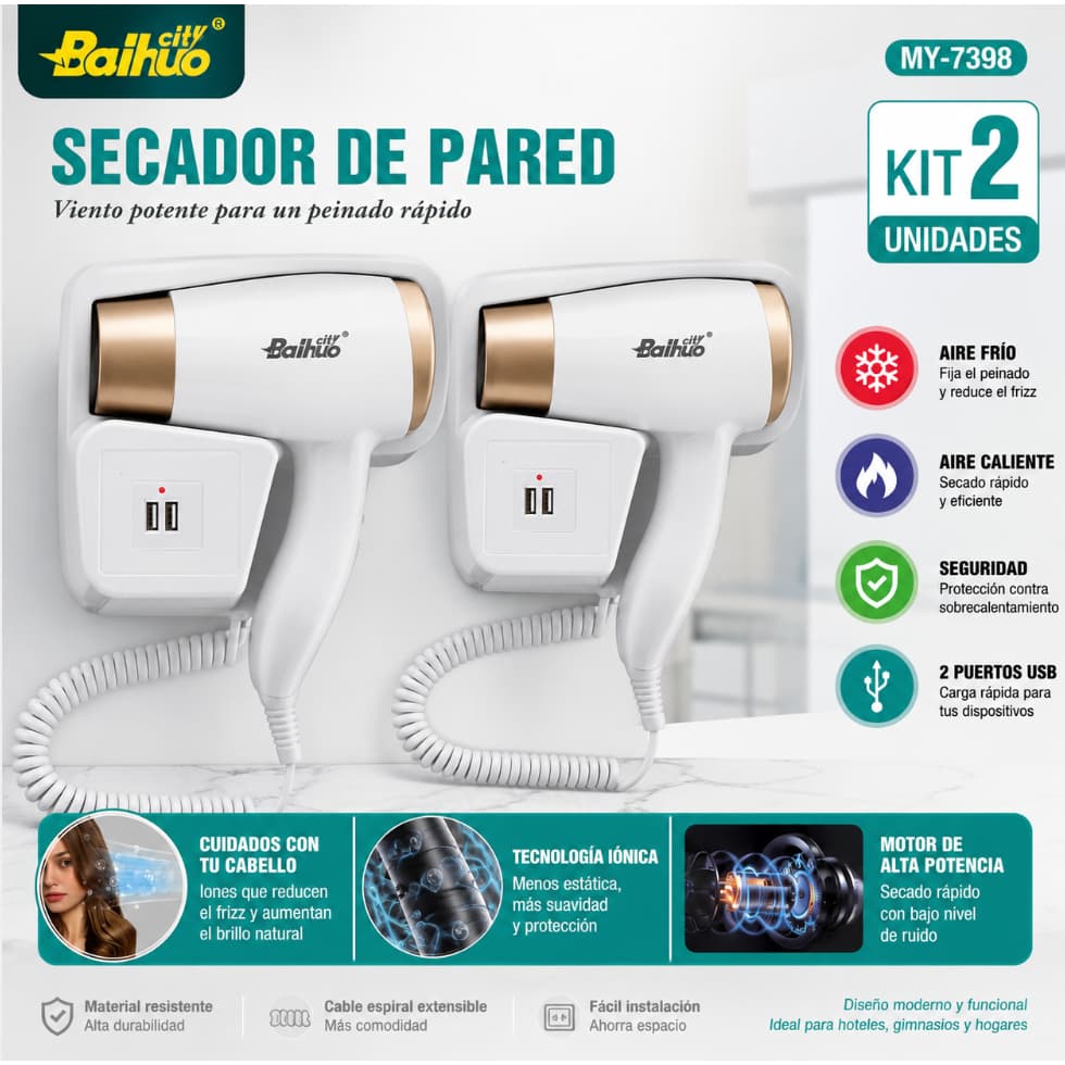 KIT 2 Secador De Cabelos Parede 2000w BaiHuoCity Hotel Academia Banheiro Ions Branco Ar Frio Quente
