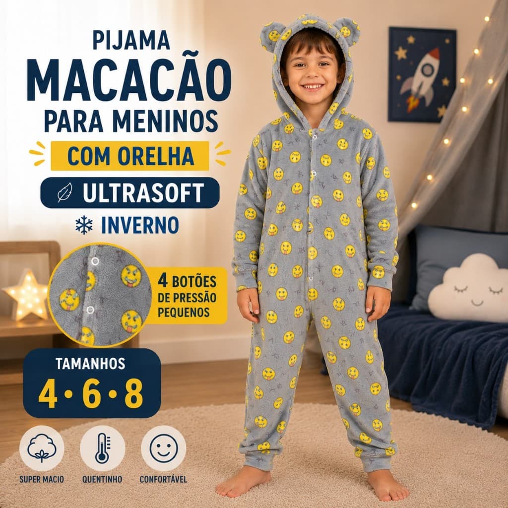 Macacão Infantil Menino com Orelha em Pelúcia Ultrasoft