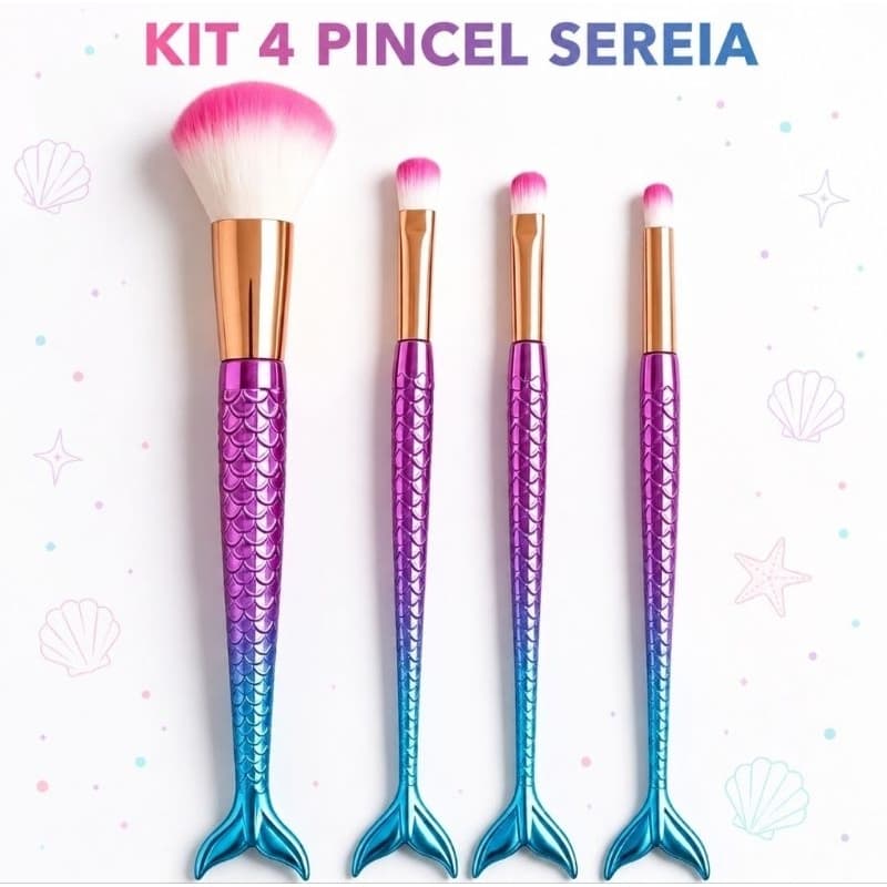 Kit 4 Pincel Sereia Para Maquiagem Blush Contorno Pó Sombra