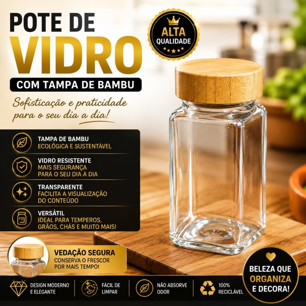 Pote de Vidro com Tampa de Bambu Hermética 120ml Porta Temperos Café Grãos Chá Premium