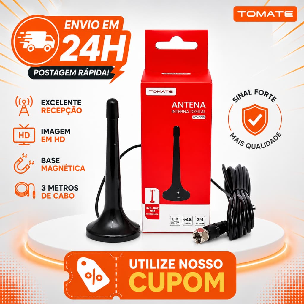 Antena Para Conversor Digital Interna Tomate MTV3015 Cabo 3 Metros Base Magnética UHF VHF HDTV
