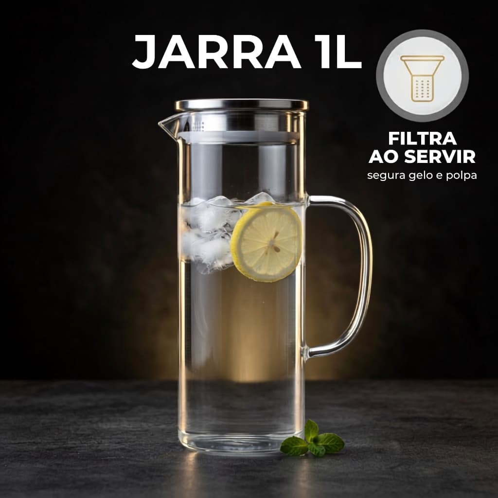 Jarra de Vidro Lisa 1L Tampa Inox com Filtro para Água Suco