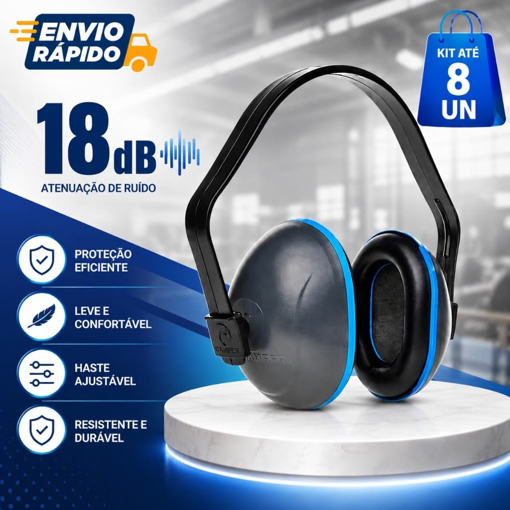 Protetor Auditivo Tipo Concha Soft Slim 18dB Camper CA 33135 Abafador de Ruído Regulável EPI Proteção Auricular Som