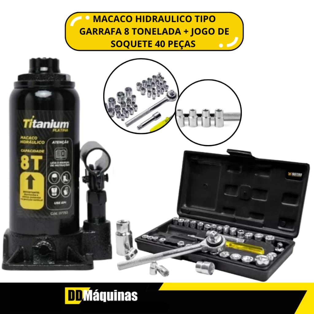 Kit Jogo De Soquetes 40 Peças + Macaco Hidraúlico 8 Toneladas - Faster/Titanium