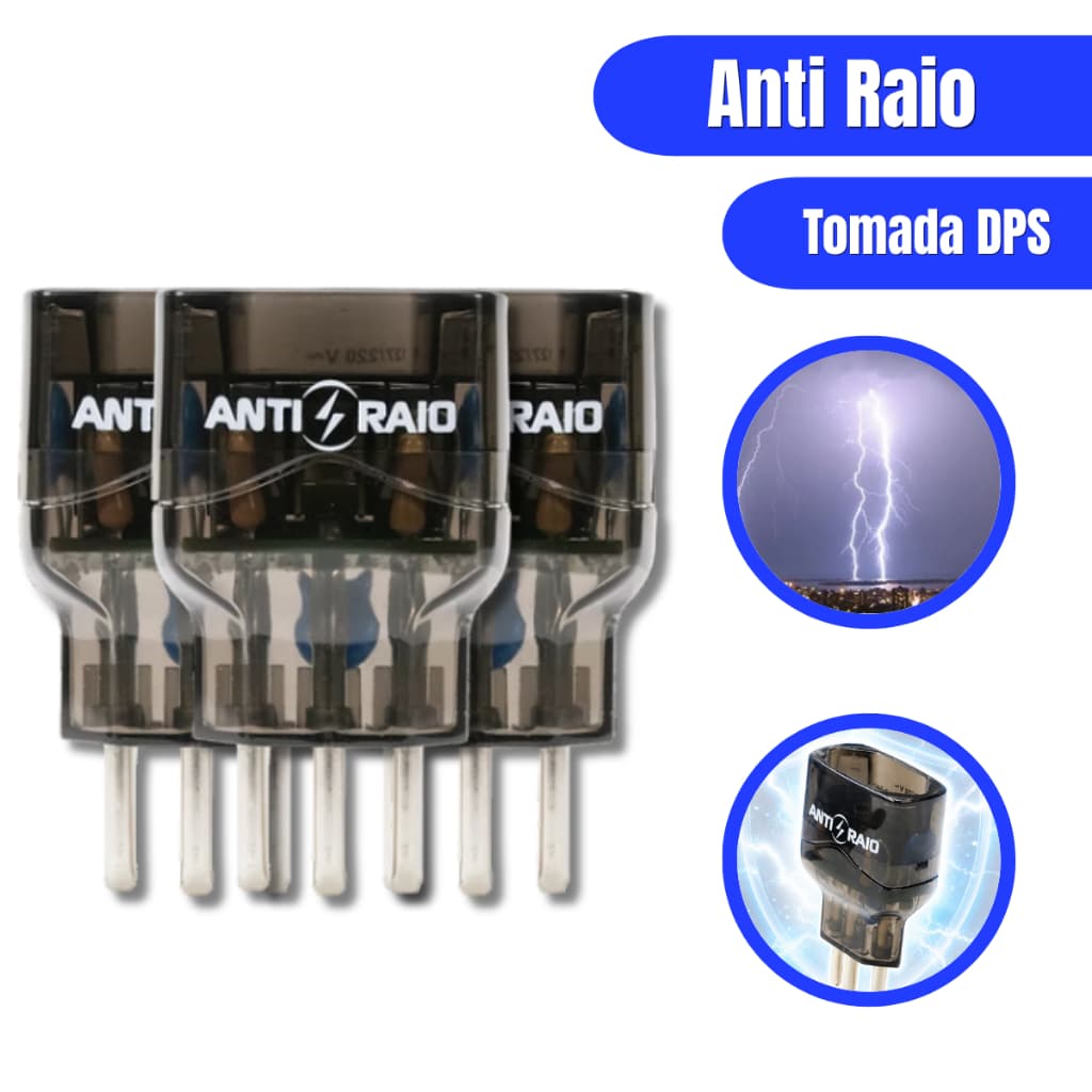 Tomada Anti-Raio Preta 10A Bivolt Protetor de Surto 3 Pinos Kit Com 3 Unid