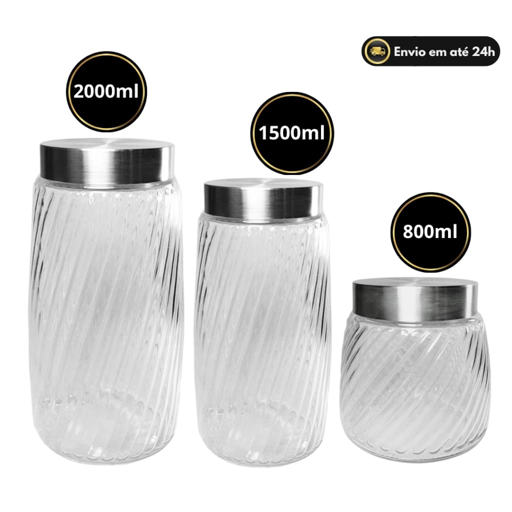 Pote De Vidro Grande Aspiral Premium Redondo Com Tampa Inox Hermético Metálica Kit ou  Avulso